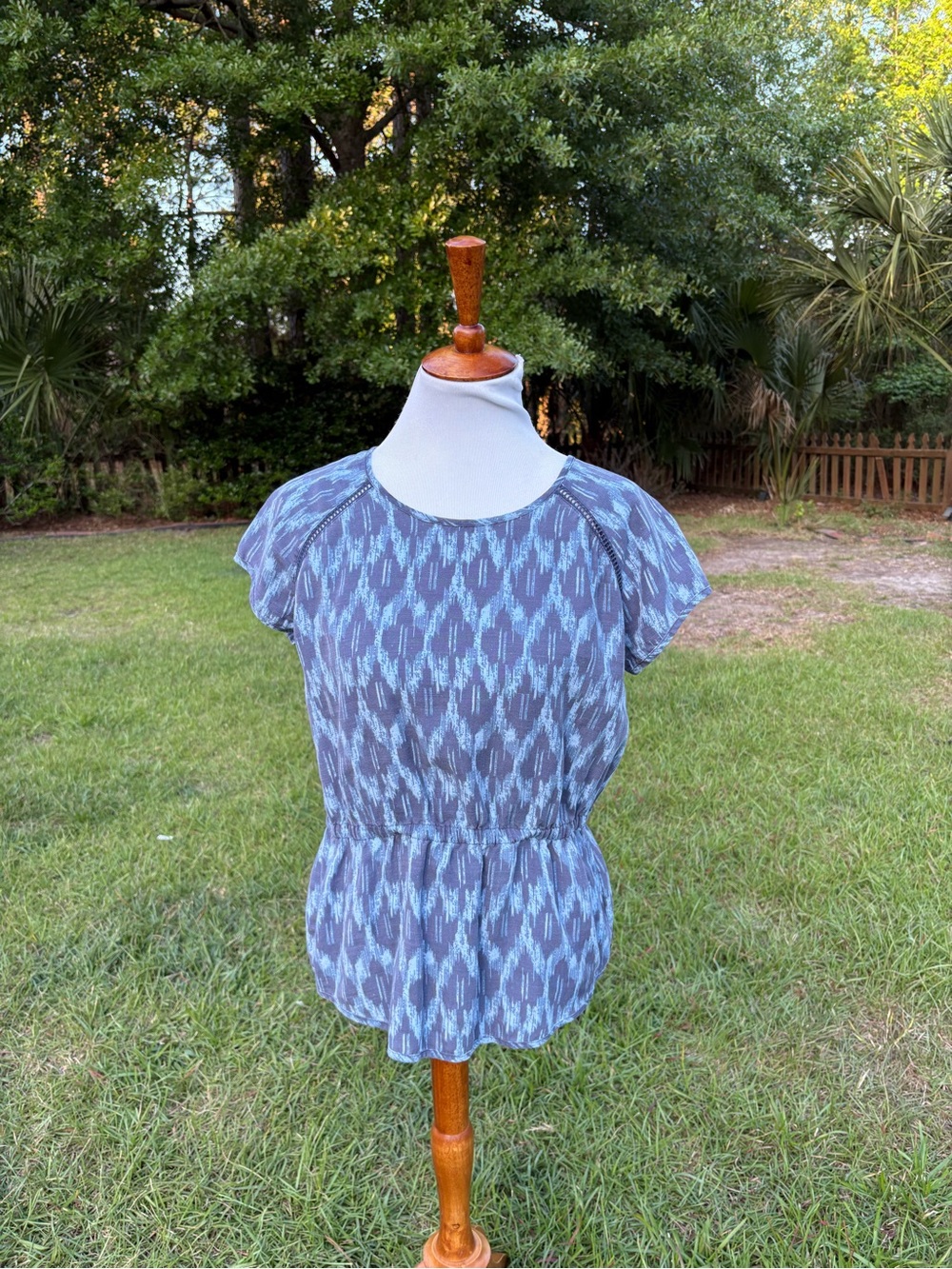 Toad&Co Blue Ikat Short Sleeve Peplum Blouse